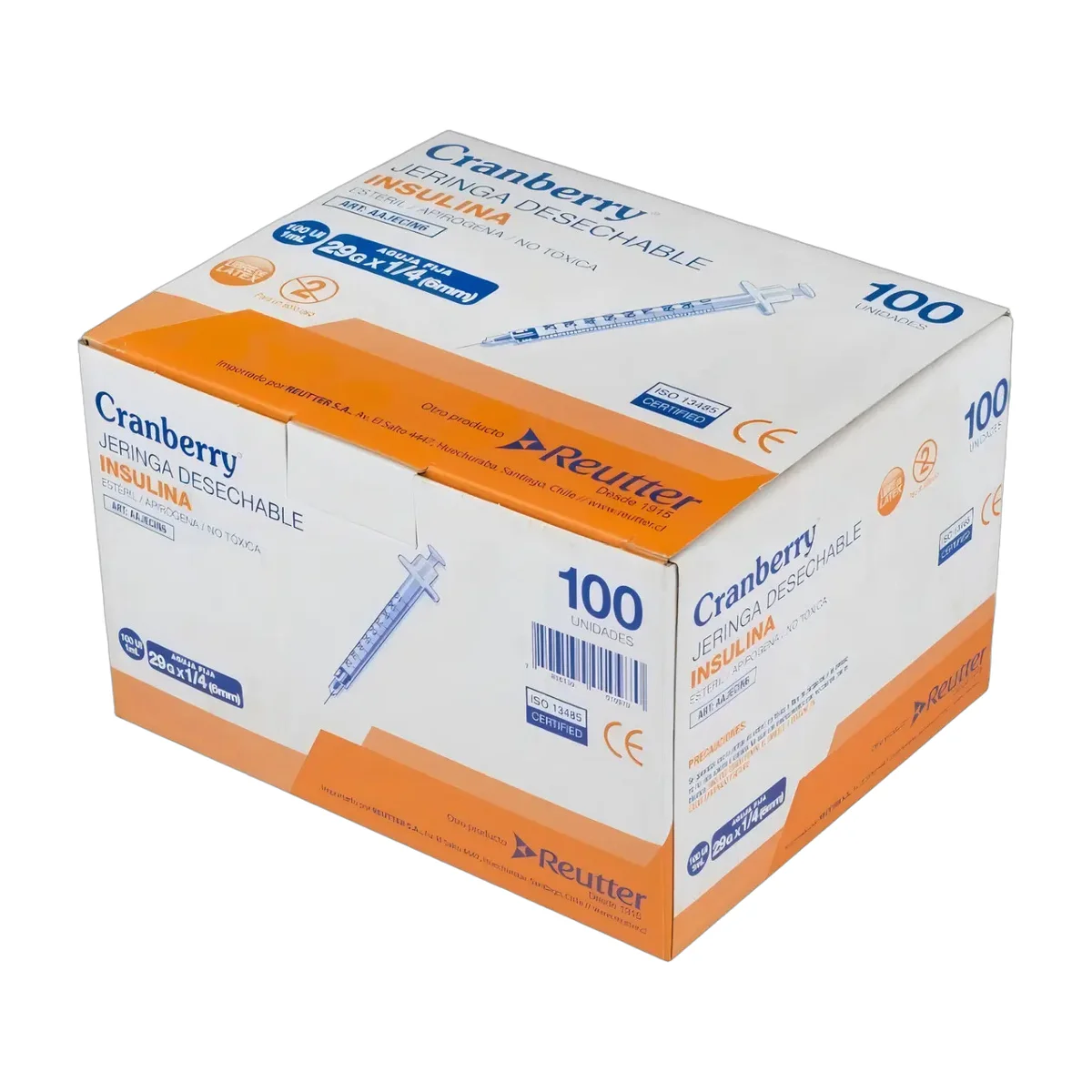 Jeringa Desechable Insulina Cranberry 29g X1/2 X100 Unidades Capacidad En Volumen 1 Ml