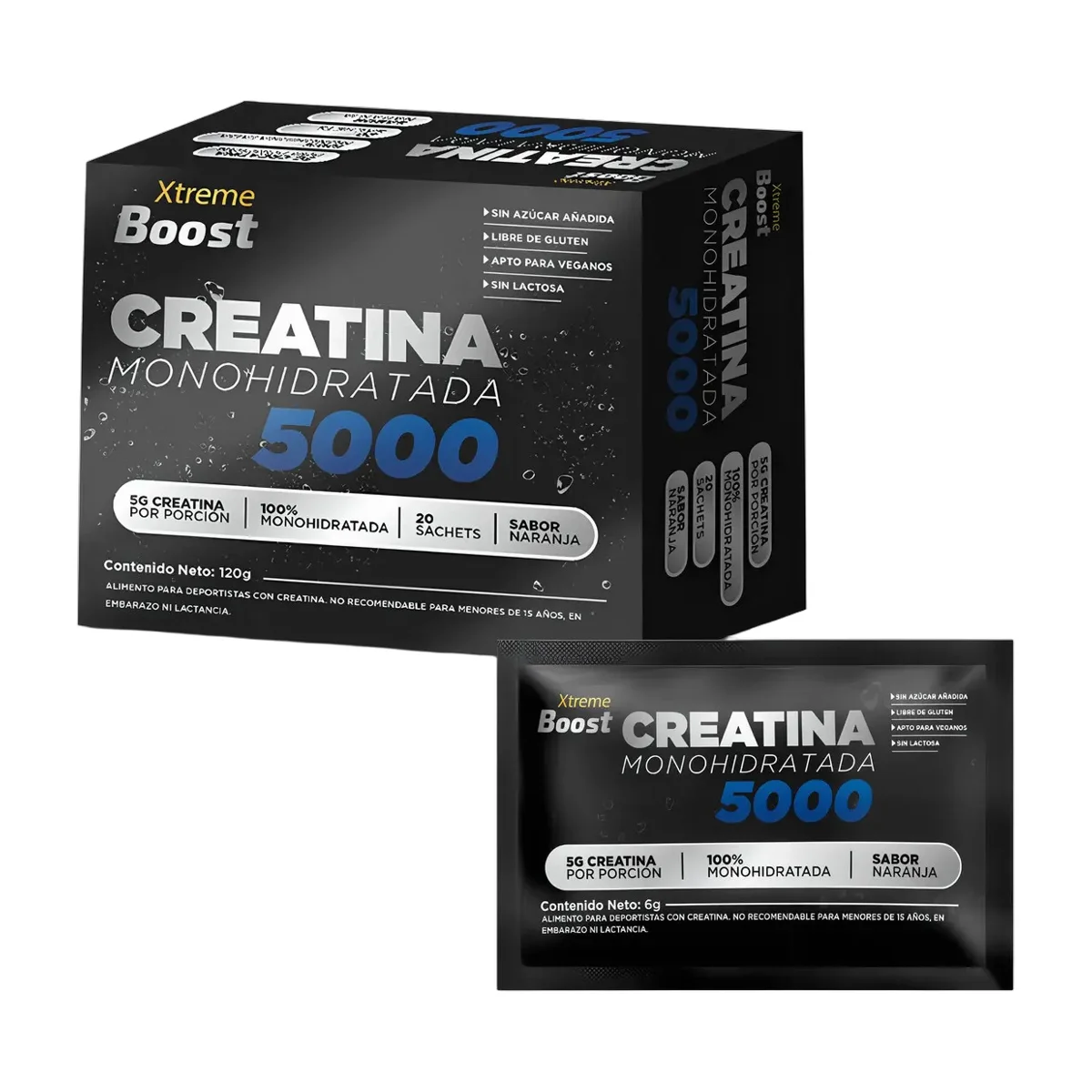 Creatina Monohidratada En Polvo Xtreme Boost Sabor Naranja 20 Sachets Vegano