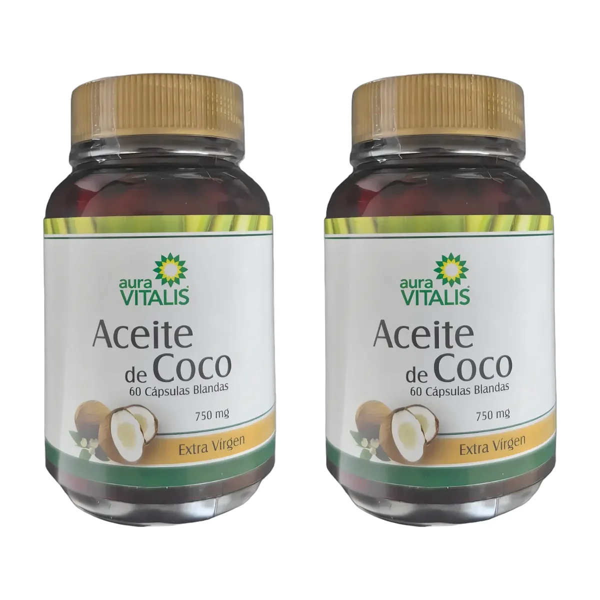 Pack 2 Aceite De Coco 60 Cápsulas C/u 750mg Extra Virgen A.v Sabor Natural A.v