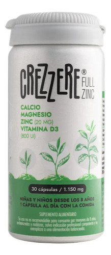 Crezzere Full Zinc. Zinc + Calcio + Magnesio + Vitamina D3. Para Crecer. Pack 2 Frascos X 30 Cápsulas. Vital & Young. Sin Sabor