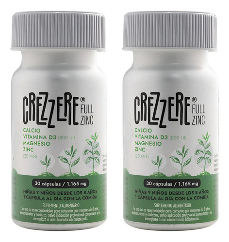 Pack 2x Crezzere Full Zinc. Zinc + Calcio + Magnesio + Vitamina D3. Para Crecer. Pack 2 Frascos X 30 Cápsulas. Vital & Young. Sin Sabor