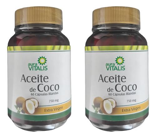 Pack 2 Aceite De Coco 60 Cápsulas C/u 750mg Extra Virgen A.v Sabor Natural A.v