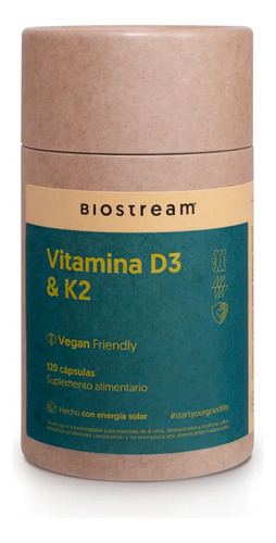 Vitamina D3 & K2 Vegano + Energia 120 Capsulas Salud Osea Y Cardiovascular Biostream Sin Sabor
