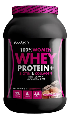 Proteína Foodtech 100% Women Whey Protein Chocolate Avellana 907g Biotina Colágeno