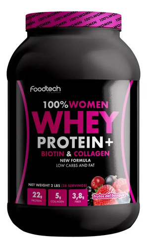 Proteína De Suero Foodtech 100% Women Frutos Del Bosque Con Biotina Y Colágeno 907g En Polvo