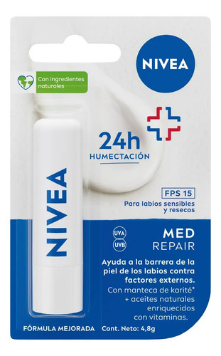 Nivea Med Repair Balsamo Labial Fps15 Hidratacion 24h Reparacion Labios Secos Proteccion Solar Uso Diario 4.8g