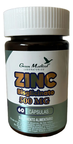 Zinc Bisglicinato 60 Cáp 500mg. Green Medical Absorción 100% Sabor No Tiene